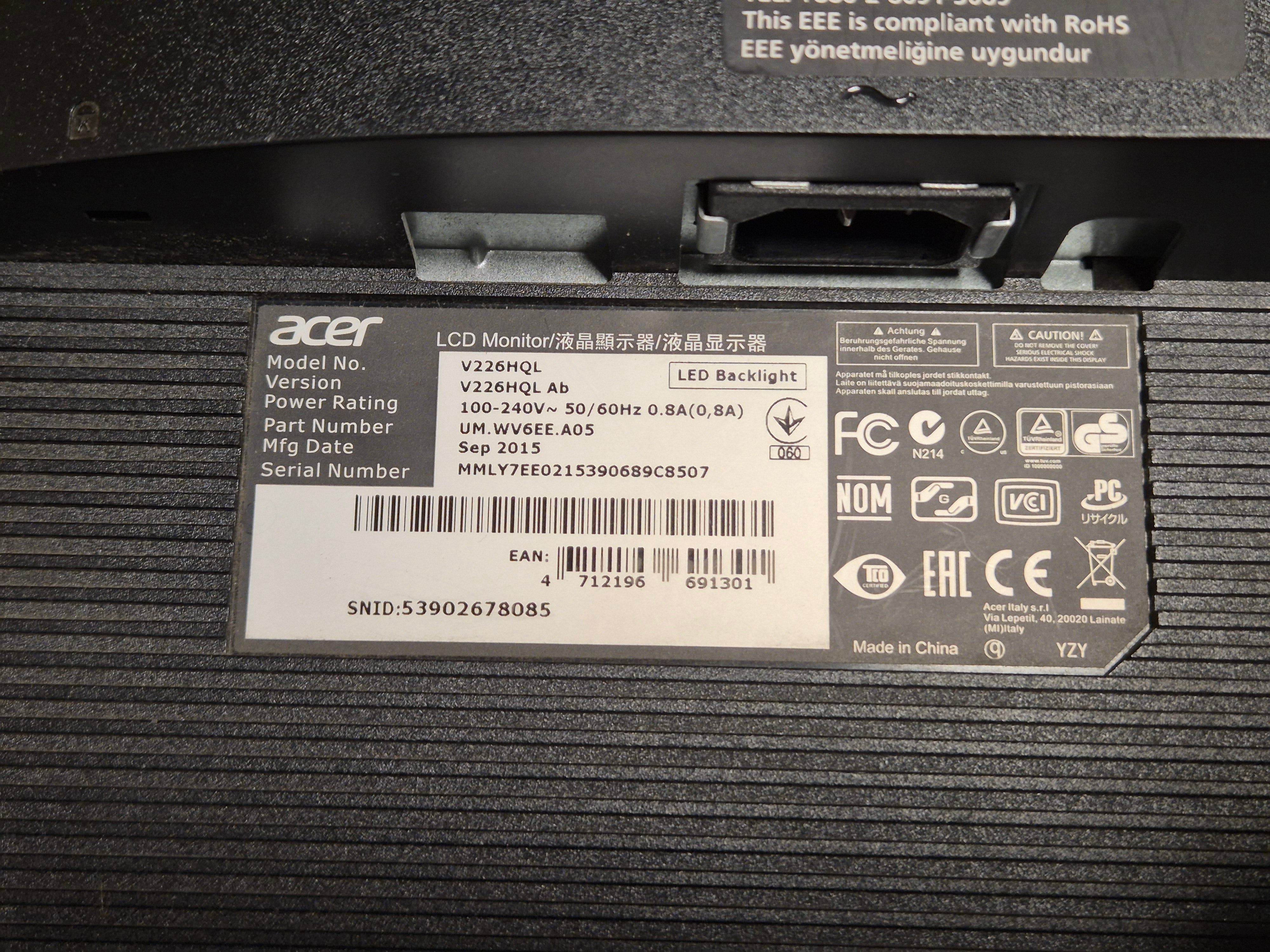 Acer V226HQL 21.5" VGA Full HD Monitor & Stand ( V226HQL Ab UM.WV6EE.A05 ) USED