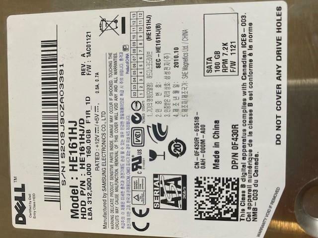 Samsung Dell 160Gb SATA 7200rpm 3.5" Hard Drive ( HE161HJ/D HE161HJ 0F430R ) REF