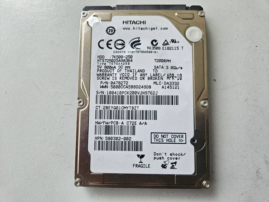 Hitachi HP 250GB 7200RPM SATA 2.5in HDD ( 0A78272 HTS725025A9A364 7K500-250 580302-002 ) REF