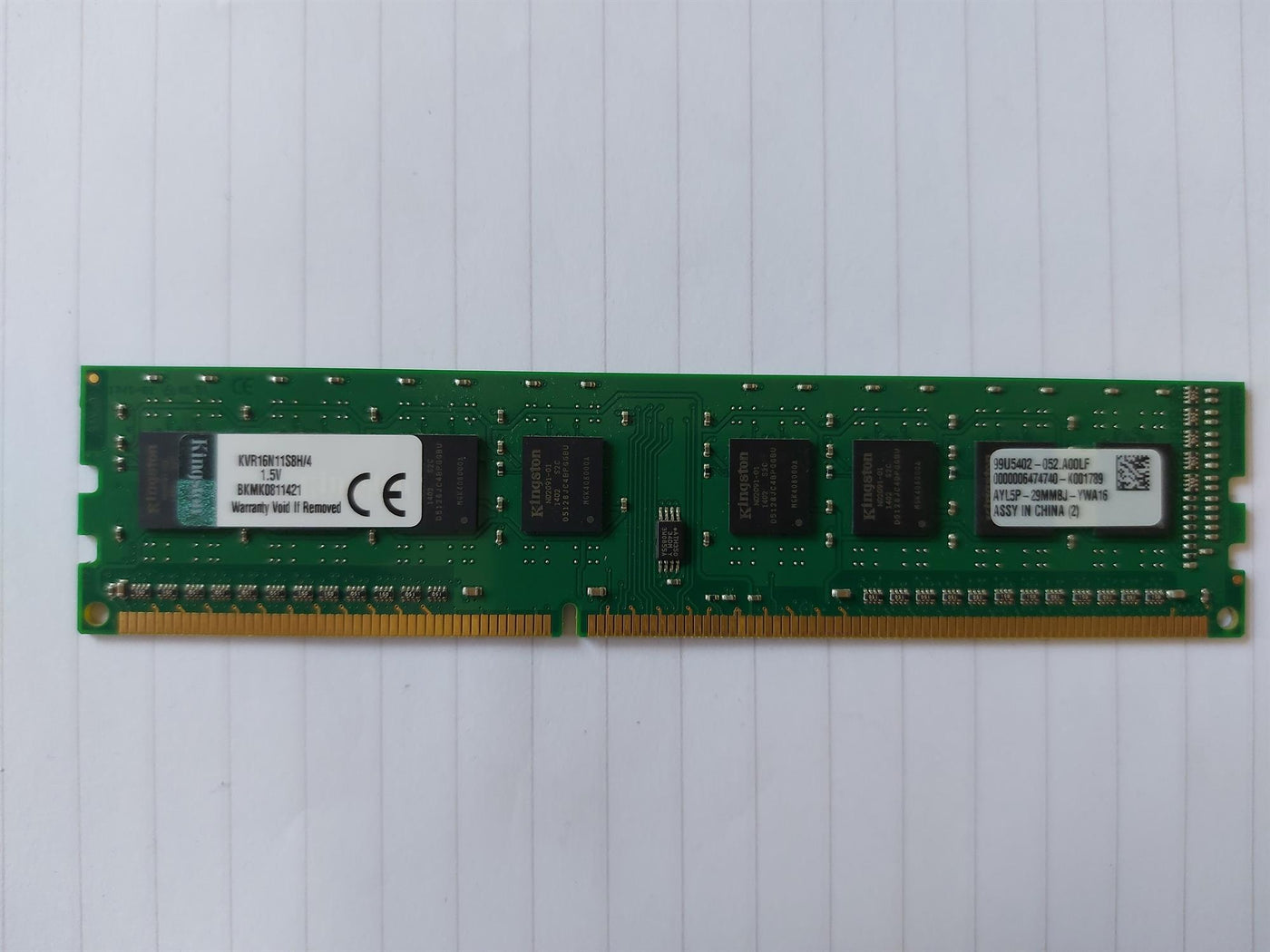 Kingston 4GB PC3-12800 1600MHz 240pin NonECC CL11 DDR3 SDRAM DIMM Memory Module (KVR16N11S8H/4 99U5402-052)