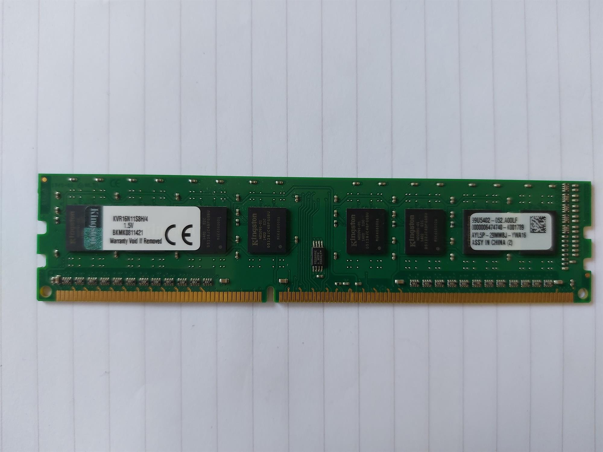 Kingston 4GB PC3-12800 1600MHz 240pin NonECC CL11 DDR3 SDRAM DIMM Memory Module (KVR16N11S8H/4 99U5402-052)