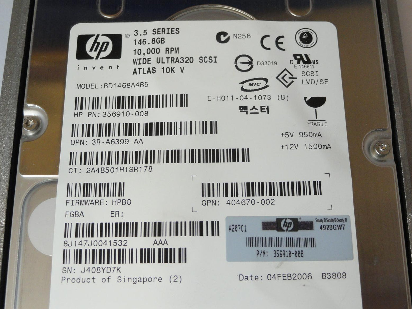 HP Maxtor 146.8GB SCSI 80 Pin 10Krpm 3.5in HDD in Caddy ( 8J147J0 356910-008 BD1468A4B5 404670-002 3R-A6399-AA 289044-001 ) USED