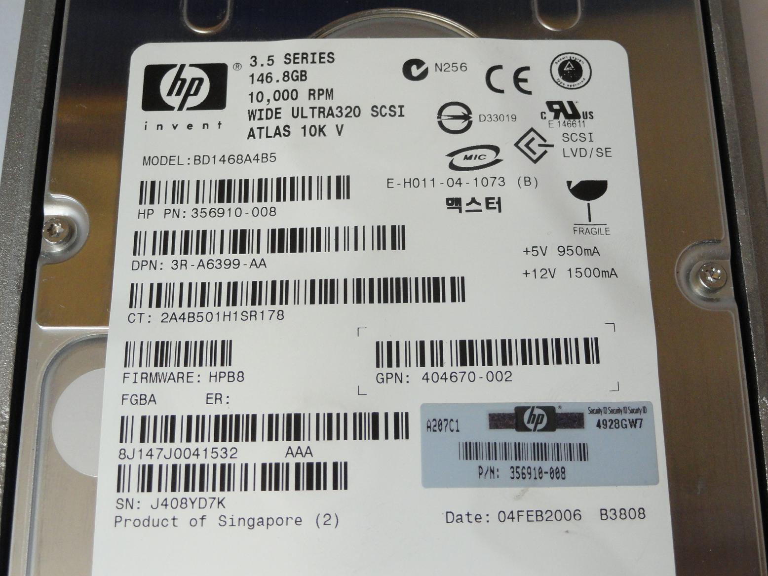 HP Maxtor 146.8GB SCSI 80 Pin 10Krpm 3.5in HDD in Caddy ( 8J147J0 356910-008 BD1468A4B5 404670-002 3R-A6399-AA 289044-001 ) USED