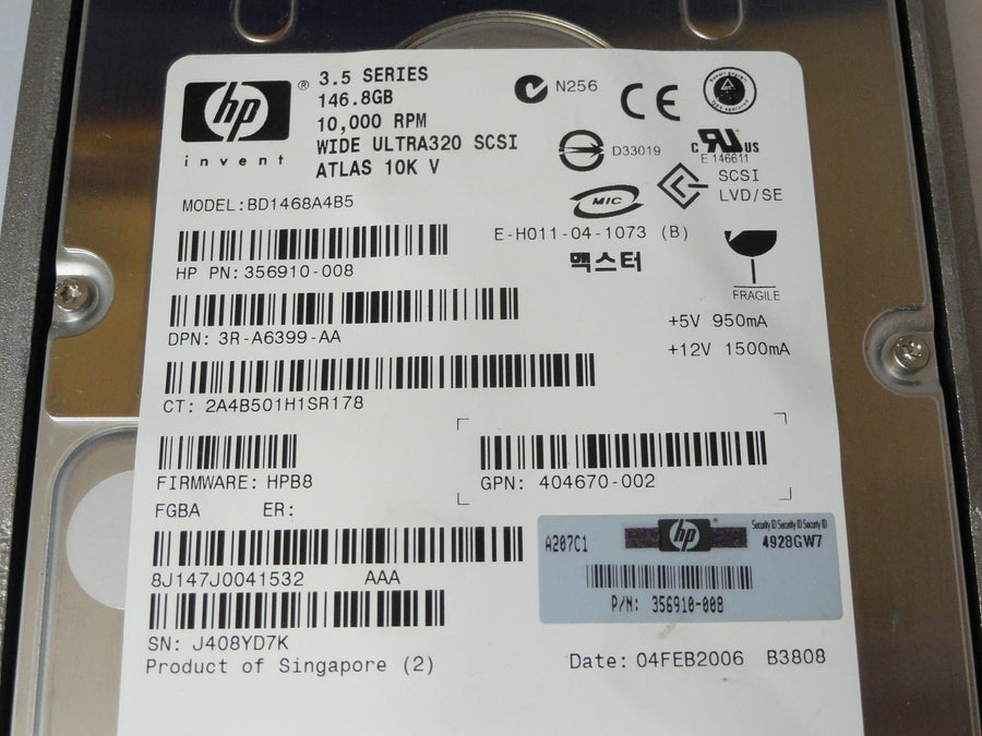 HP Maxtor 146.8GB SCSI 80 Pin 10Krpm 3.5in HDD in Caddy ( 8J147J0 356910-008 BD1468A4B5 404670-002 3R-A6399-AA 289044-001 ) USED