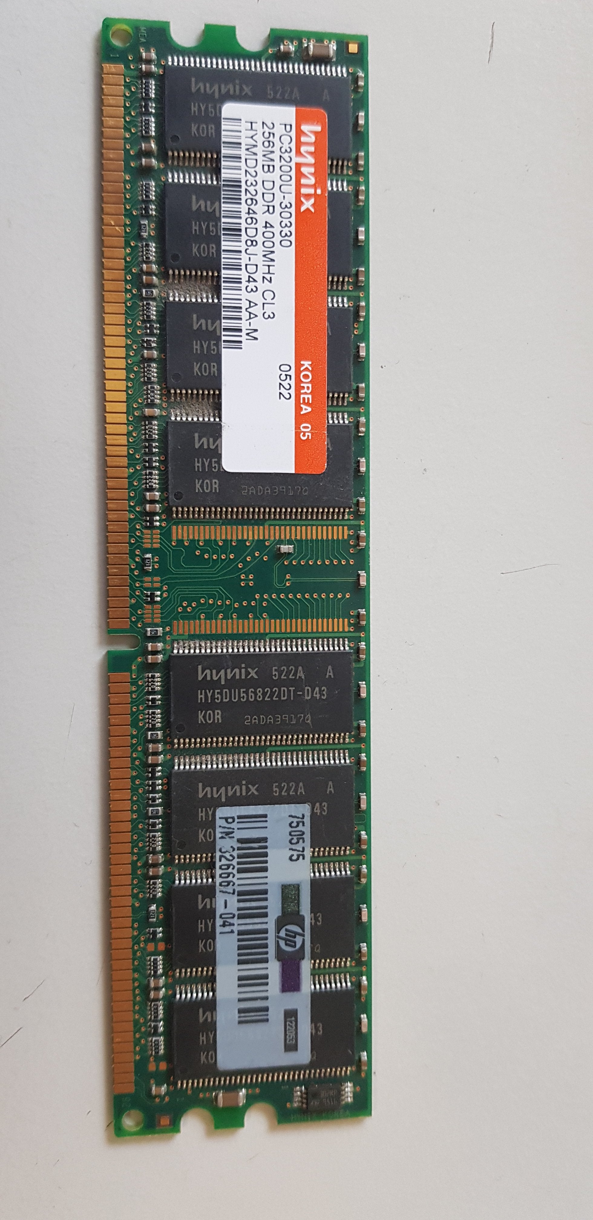 Hynix / HP 256MB PC3200 DDR-400MHz non-ECC Unbuffered CL3 184-Pin DIMM Memory Module (HYMD232646D8J-D43 / 326667-041)