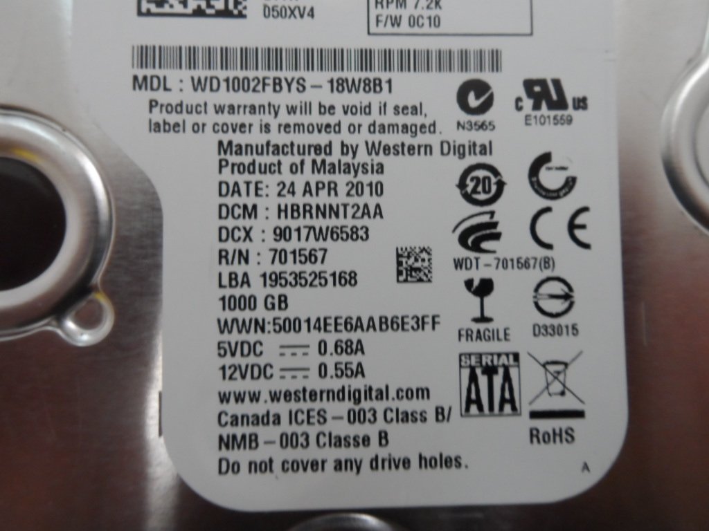 Dell / WD 1Tb SATA 7200RPM 3.5in HDD (WD1002FBYS-18W8B0 050XV4 50XV4  Ref)