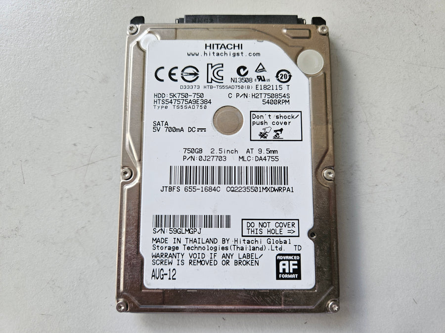 Hitachi Apple 750GB 5400RPM SATA 9.5mm 2.5" HDD ( 0J27703 HTS547575A9E384 H2T750854S 655-1684C 5K750-750 ) USED