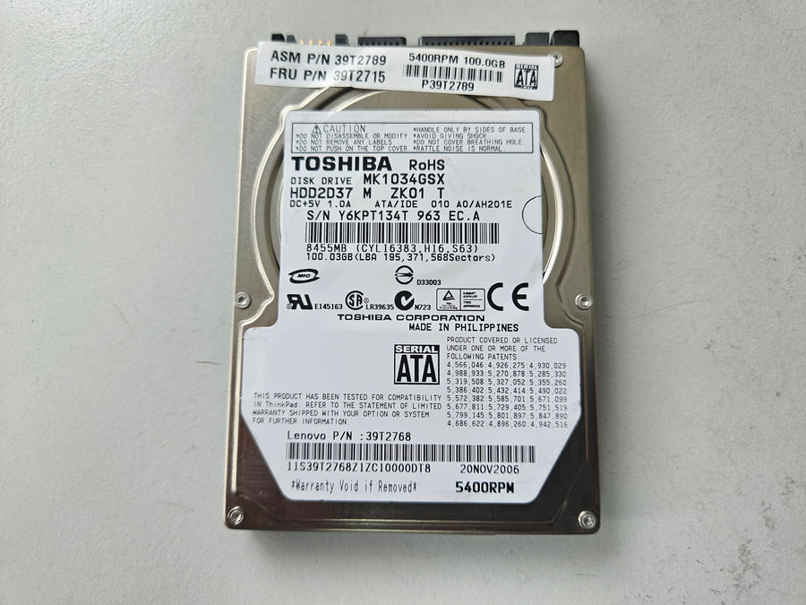 Toshiba IBM 100GB 5400RPM SATA 2.5in HDD ( MK1034GSX HDD2D37 39T2768 39T2715 39T2789 ) REF