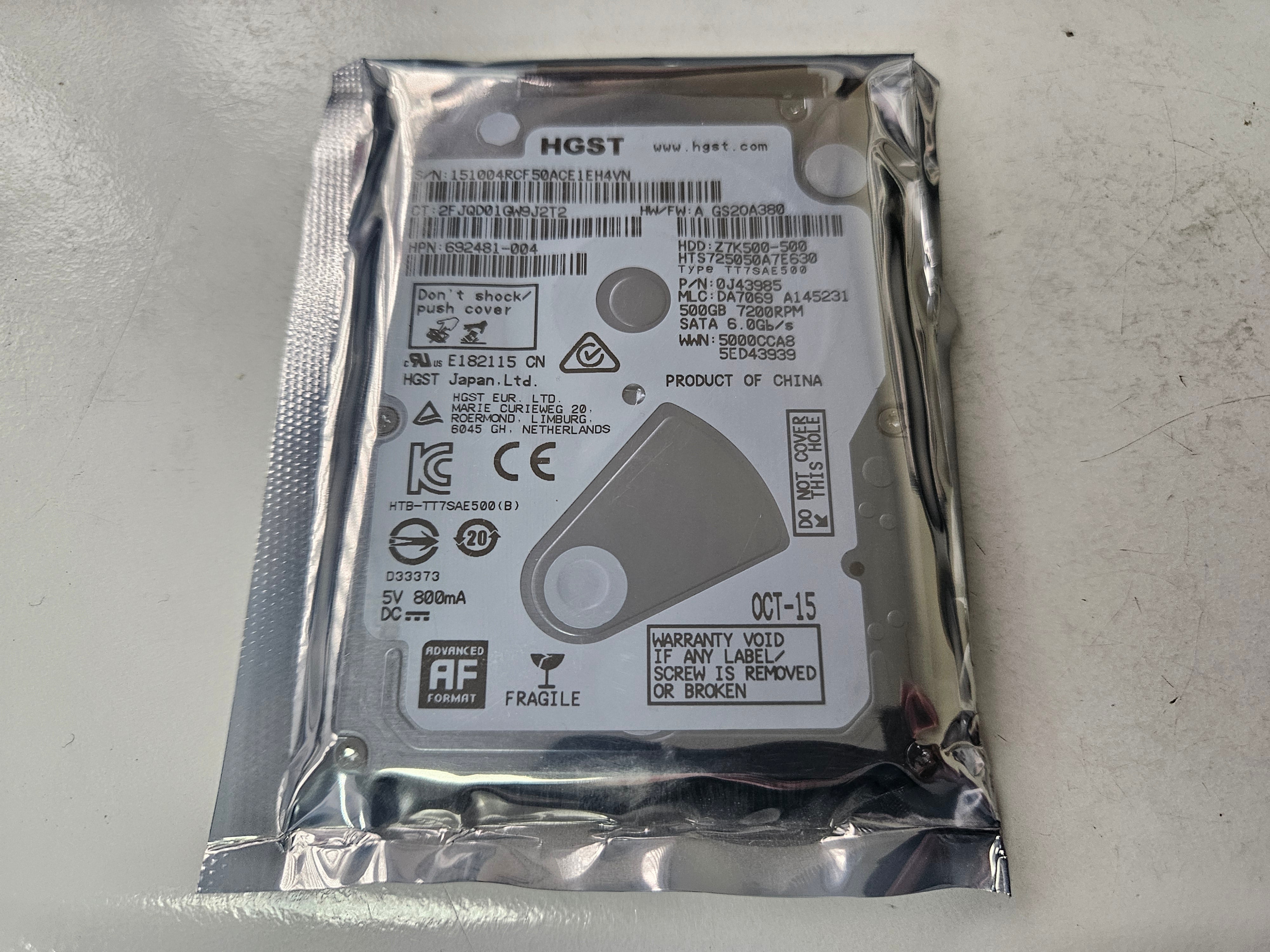 HGST HP 500GB 7200RPM SATA 2.5in HDD ( HTS725050A7E630 0J43985 692481-004 ) REF