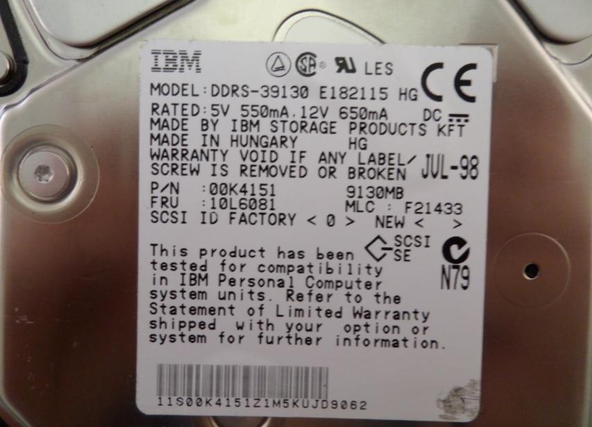 IBM 9.1GB SCSI 80Pin 7200rpm 3.5in HDD ( 00K4151 DDRS-39130 10L6081 ) REF