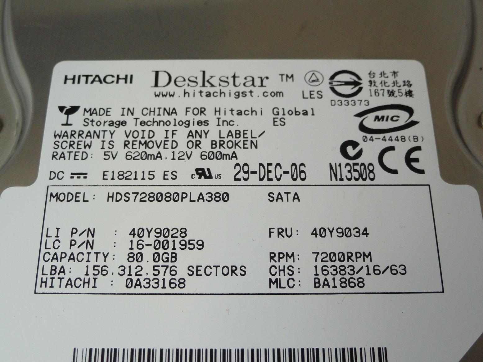 PR23404_0A33168_Hitachi IBM 80GB SATA 7200rpm 3.5in HDD - Image3