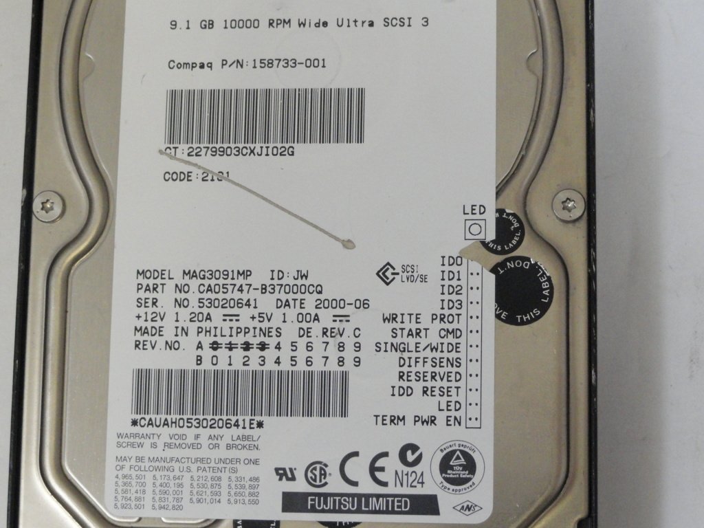 MAG3091MP - Fujitsu 9.1GB Wide Ultra SCSI 3  68Pin 3.5" HDD - USED