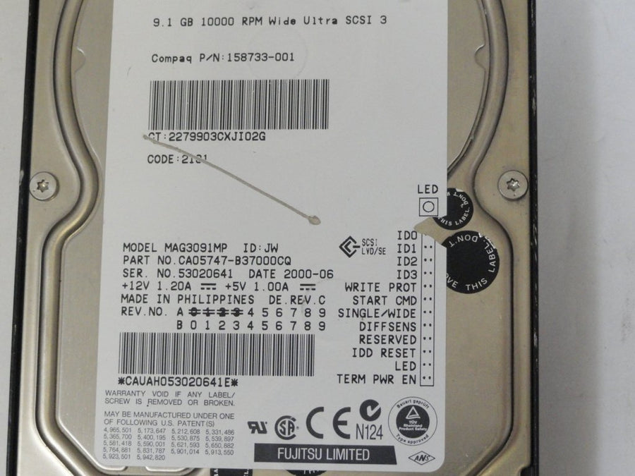 MAG3091MP - Fujitsu 9.1GB Wide Ultra SCSI 3  68Pin 3.5" HDD - USED