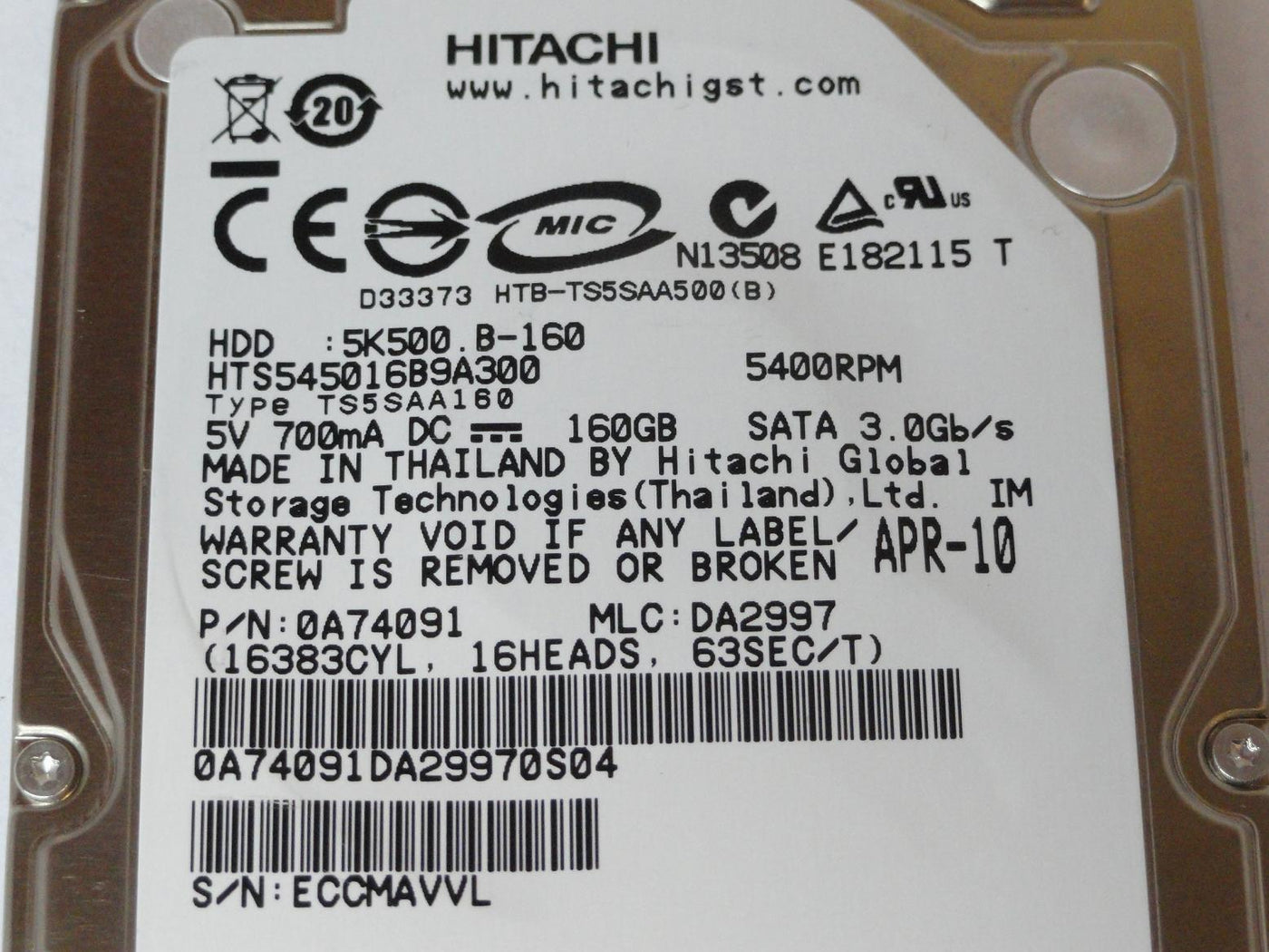 PR14535_0A74091_Hitachi 160GB SATA 5400rpm 2.5in HDD - Image3