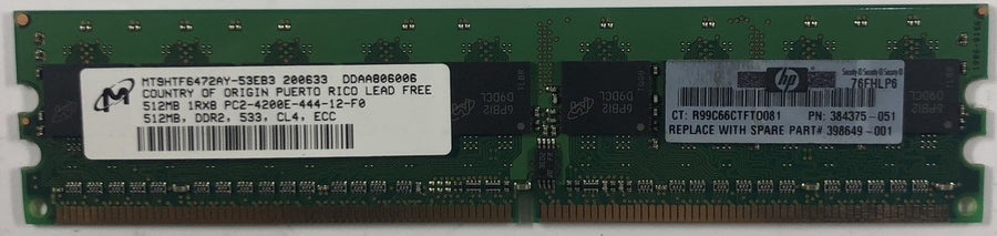 Micron HP 512MB DDR2-533MHz PC2-4200 ECC Unbuffered CL4 240-Pin ( MT9HTF6472AY-53EB3 384375-051 ) REF