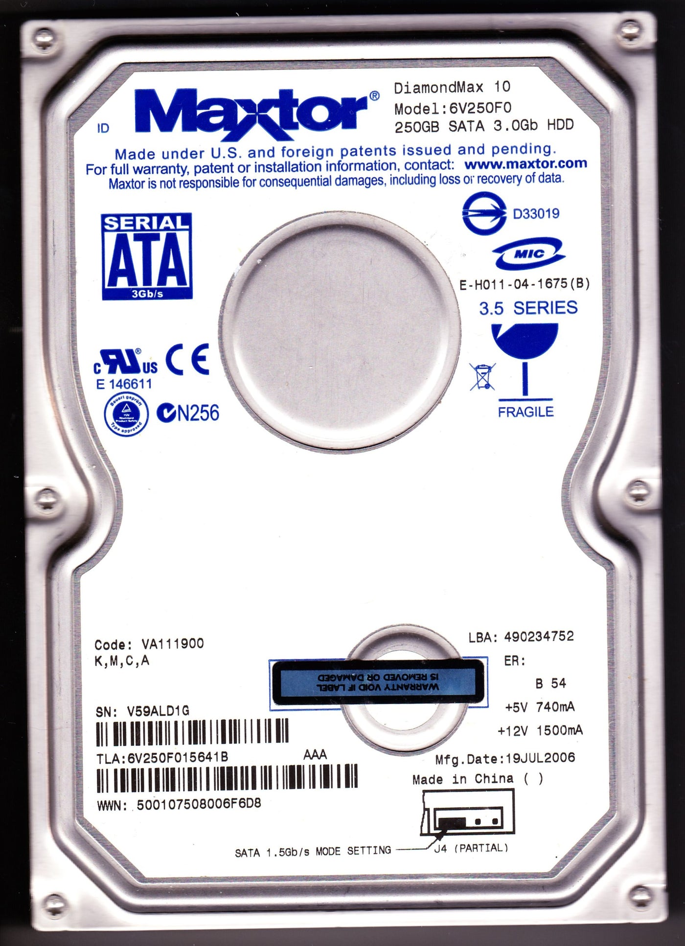 Maxtor 250GB SATA 7200rpm 3.5in HDD ( 6V250F0 ) REF