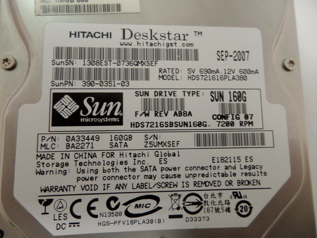 Hitachi Sun 160GB SATA 7200rpm 3.5in HDD