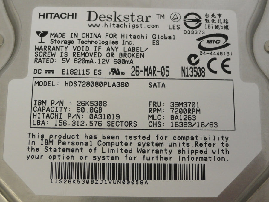 0A31019 - Hitachi IBM 80GB SATA 7200rpm 3.5in Deskstar HDD - Refurbished