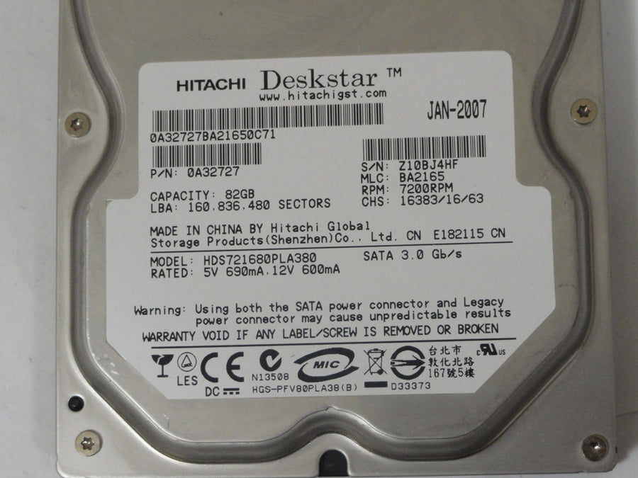 MC0195_0A32727_Hitachi 80GB SATA 7200rpm 3.5in HDD - Image2