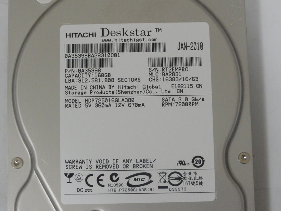 0A35398 - Hitachi 160Gb SATA 7200rpm 3.5in HDD - Refurbished