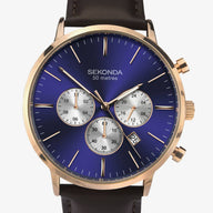 Sekonda Mens Rose Gold Plated Dual-Time Blue Sunray Dial Dark Brown Leather Strap Watch 1658