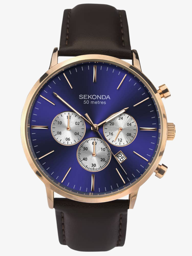 Sekonda Mens Rose Gold Plated Dual-Time Blue Sunray Dial Dark Brown Leather Strap Watch 1658