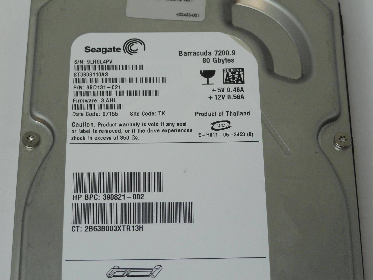 Seagate HP 80GB SATA 7200rpm 3.5in HDD ( 9BD131-021 ST3808110AS 432392-001 390821-002 ) ASIS