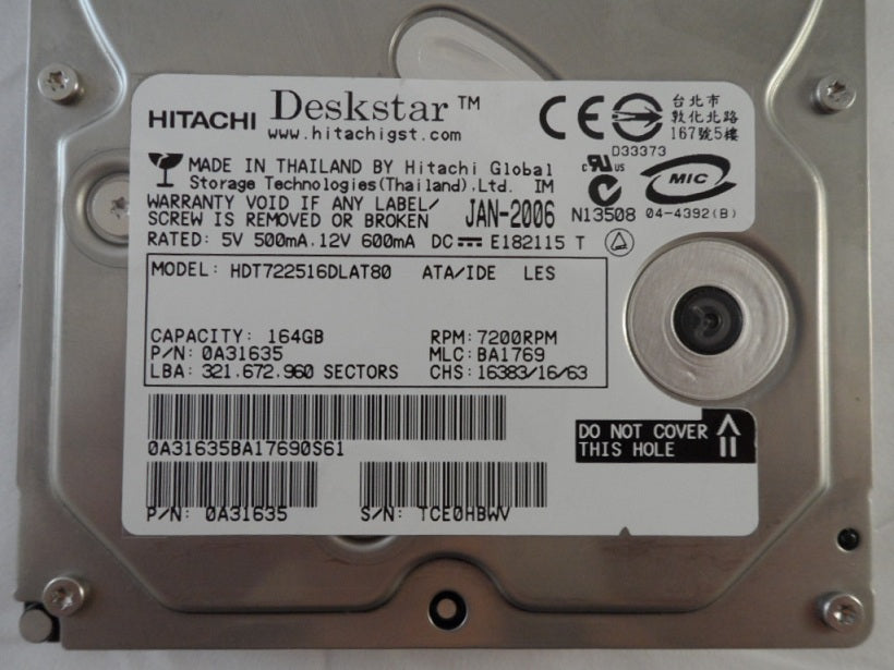 0A31635  - Hitachi 164G IDE 7200rpm 3.5in HDD - Refurbished