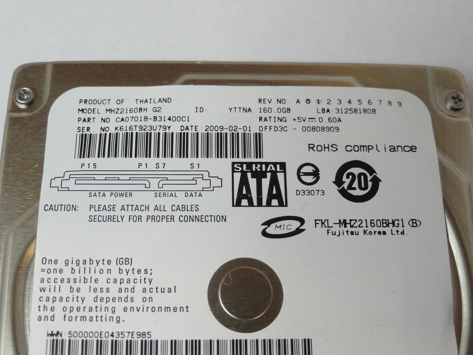 PR20415_CA06889-B30700C1_Fujitsu HP 160Gb SATA 5400rpm 2.5in HDD - Image4