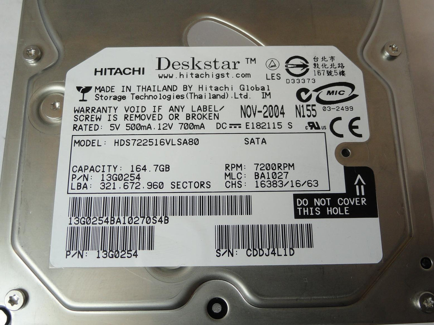 PR04405_13G0254_Hitachi 164.7GB SATA 7200rpm 3.5in HDD - Image3