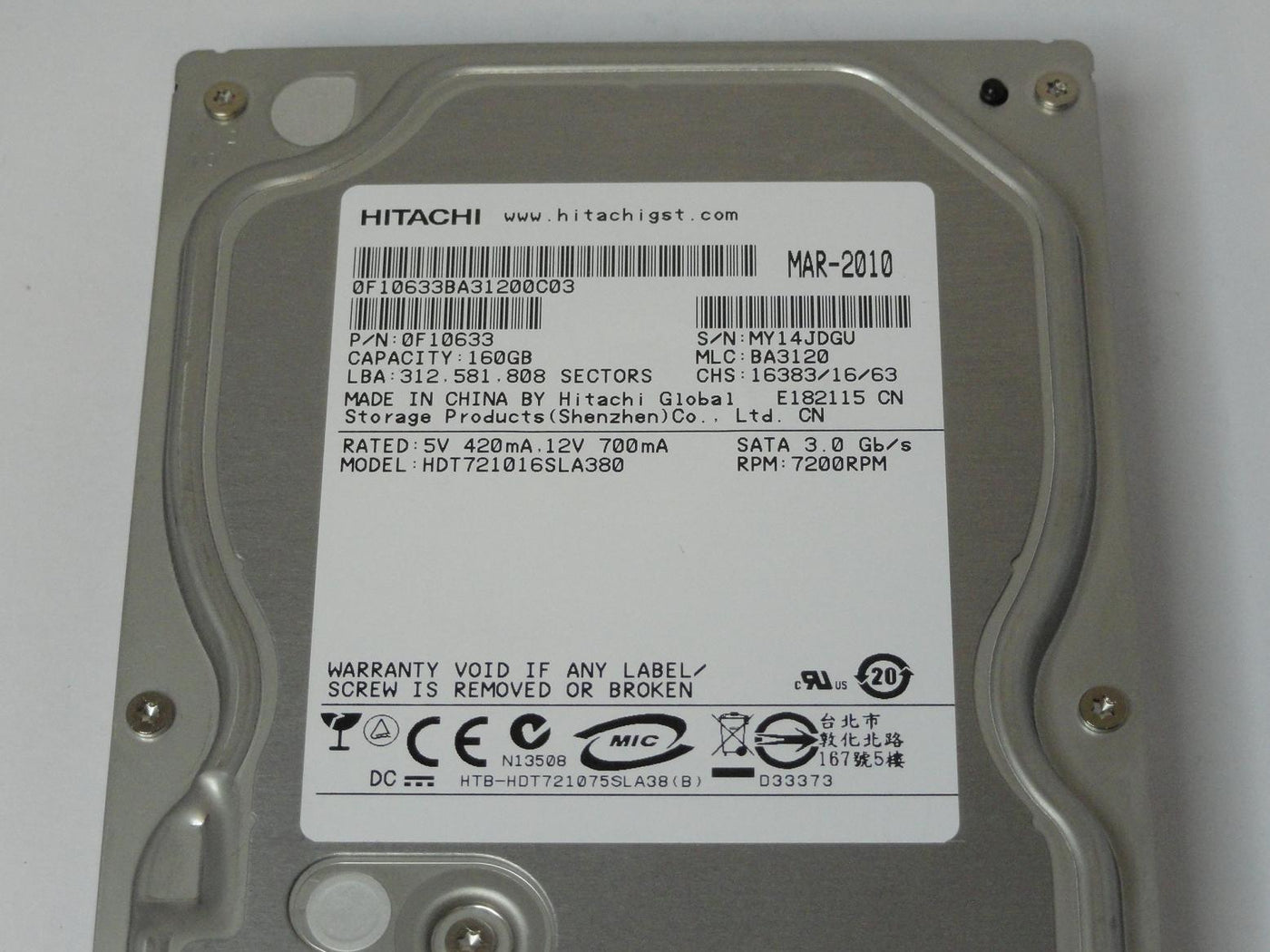 PR05566_0F10633_Hitachi 160GB SATA 7200rpm 3.5in HDD - Image3