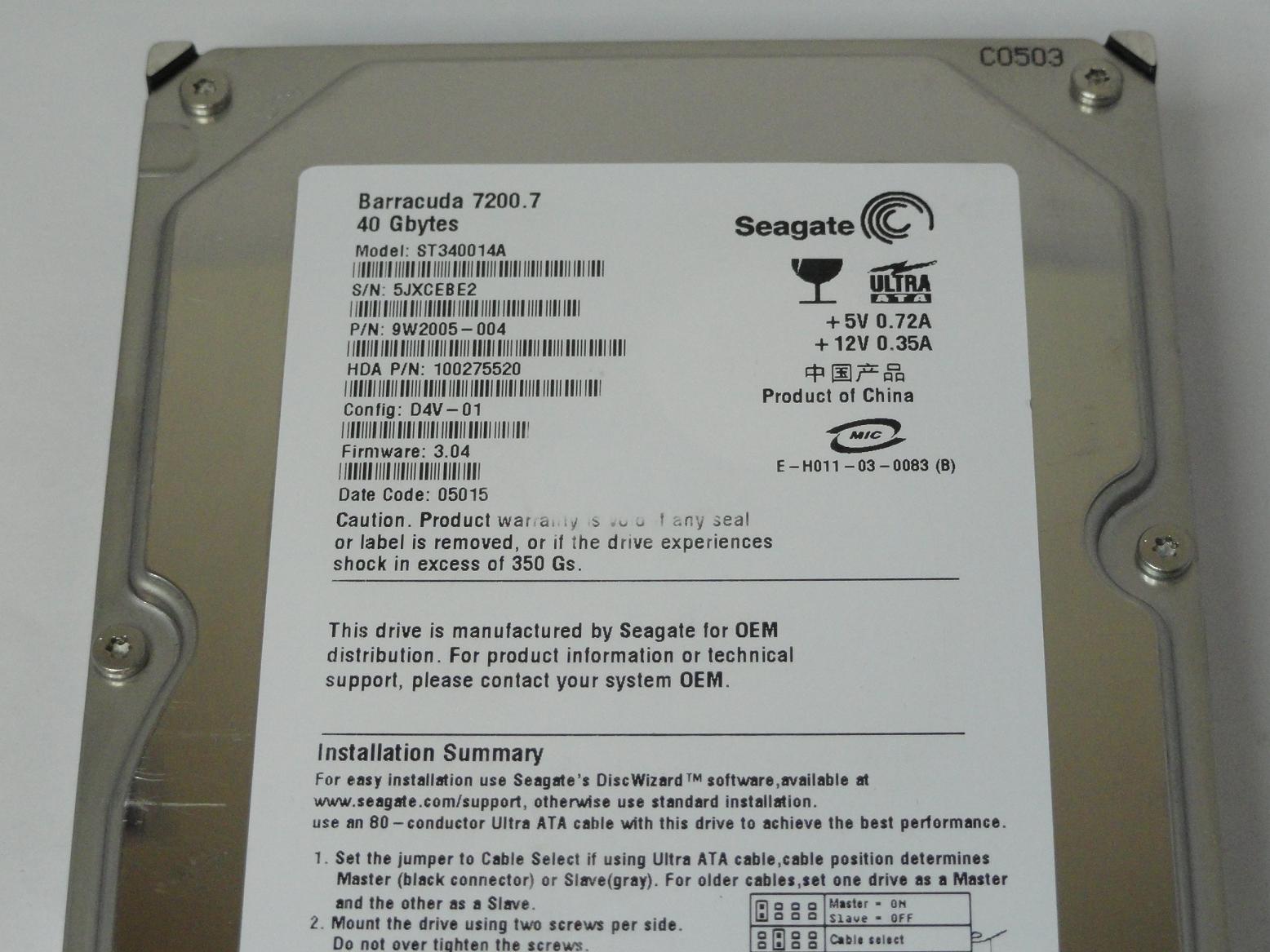 PR06139_9W2005-004_Seagate 40GB IDE 7200rpm 3.5in HDD - Image3