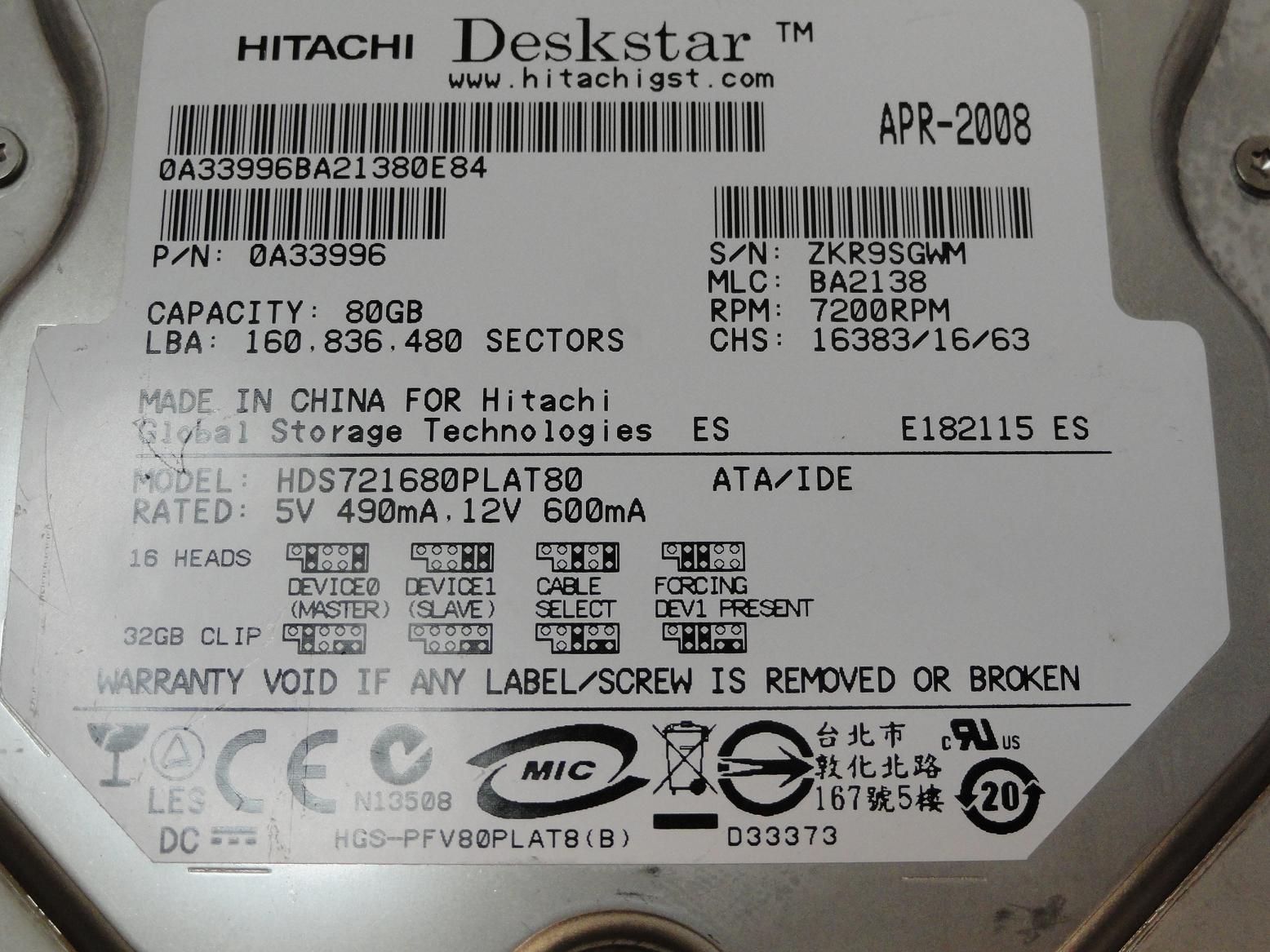 PR10591_0A33996_Hitachi 80GB IDE 7200rpm 3.5in HDD - Image3