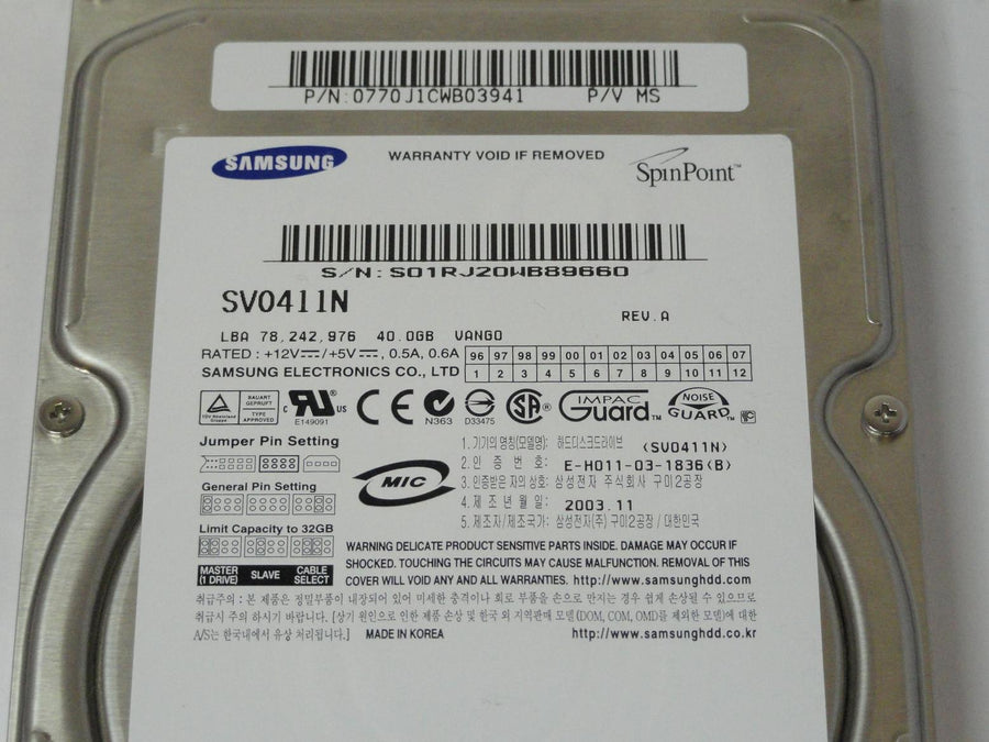 0770J1CWB03941 - Samsung 40GB IDE HDD - Refurbished