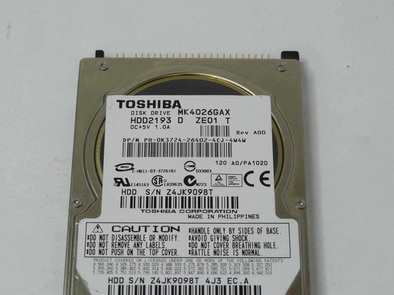 PR12555_MK4026GAX_Toshiba Dell 40GB IDE 5400rpm 2.5in HDD - Image3