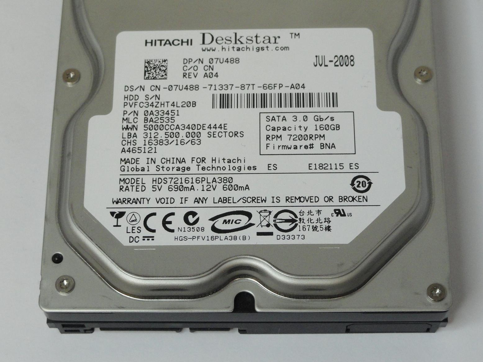 Hitachi (Dell) HDS721616PLA380 160GB SATA 3.5in HDD | 0A33451