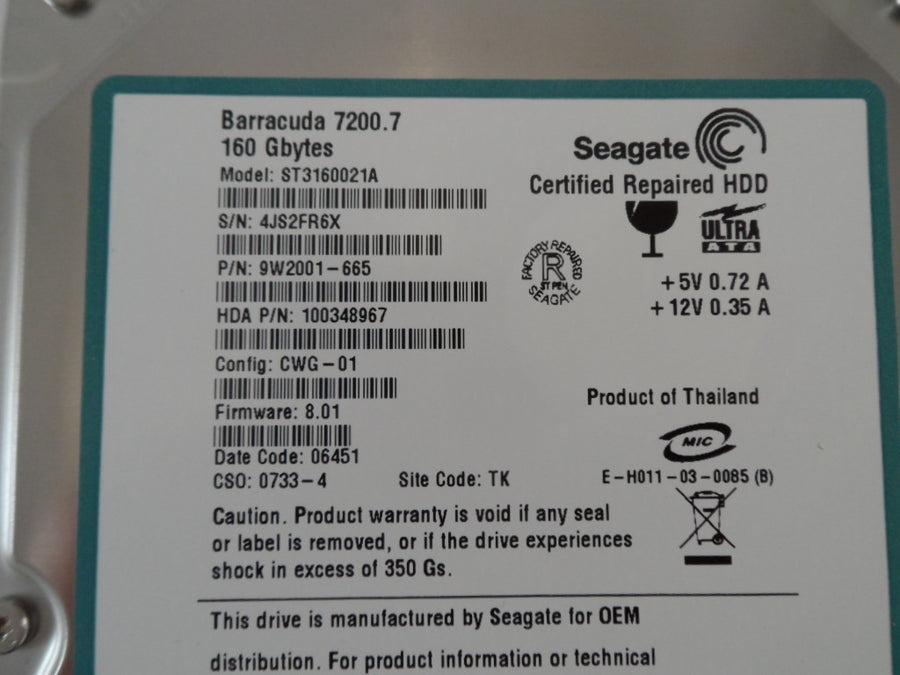 PR12974_9W2001-665_Seagate Barracuda 160GB 3.5" IDE Hard Drive - Image2