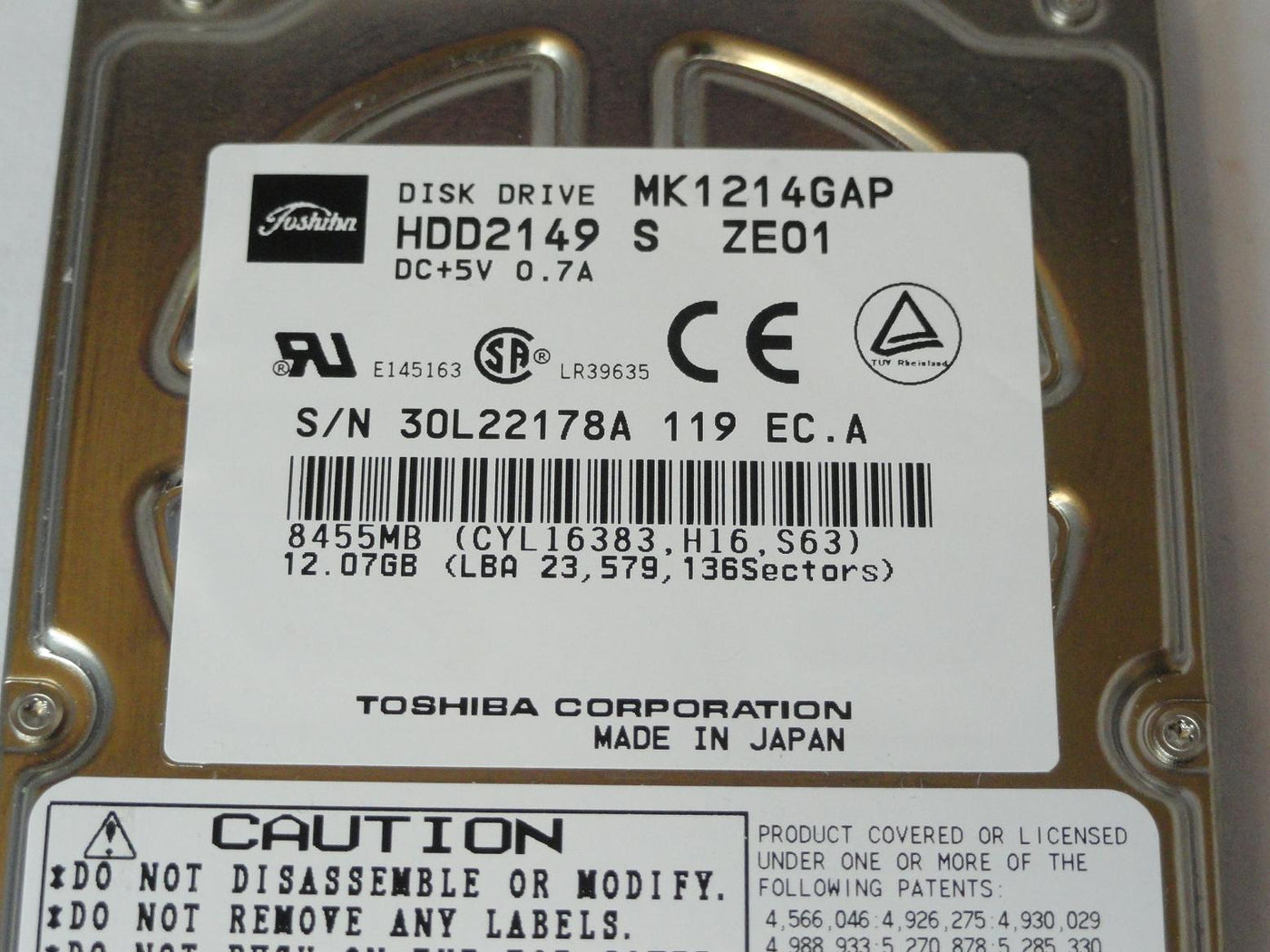 PR13033_HDD2149_Toshiba 12Gb IDE 4200rpm 2.5in Laptop HDD - Image3