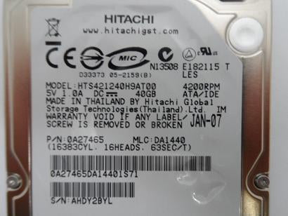 PR15207_0A27465_Hitachi 40Gb IDE 4200rpm 2.5in HDD - Image2