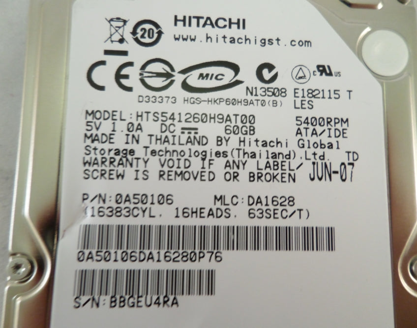 PR14901_0A50106_Hitachi 60Gb IDE 5400rpm 2.5in Laptop HDD - Image2
