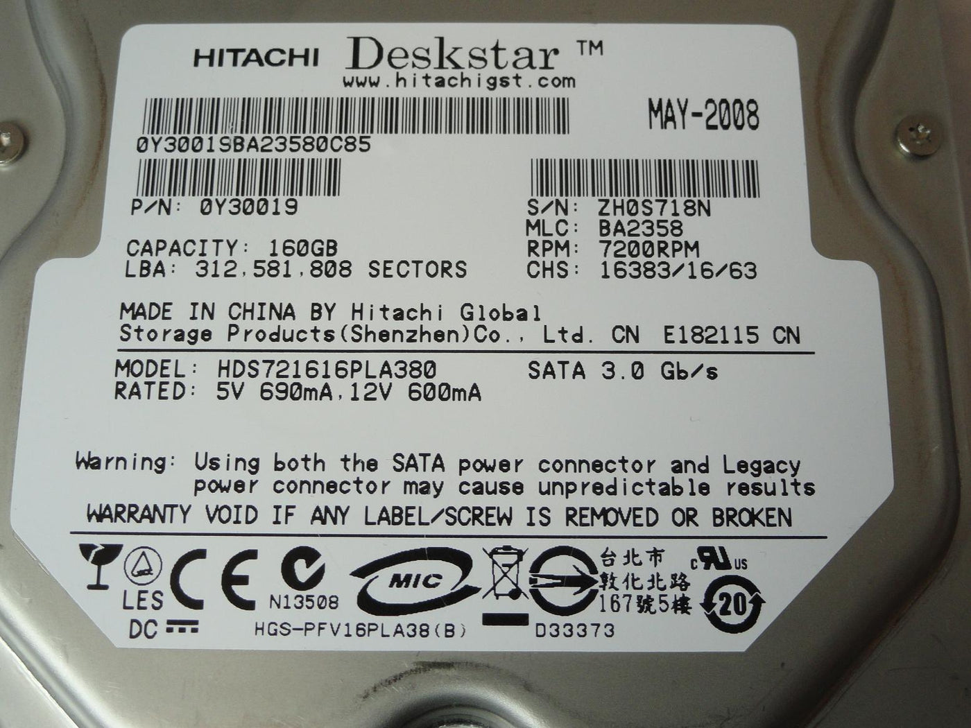 PR16298_0Y30019_Hitachi 160GB SATA 7200rpm 3.5in HDD - Image3