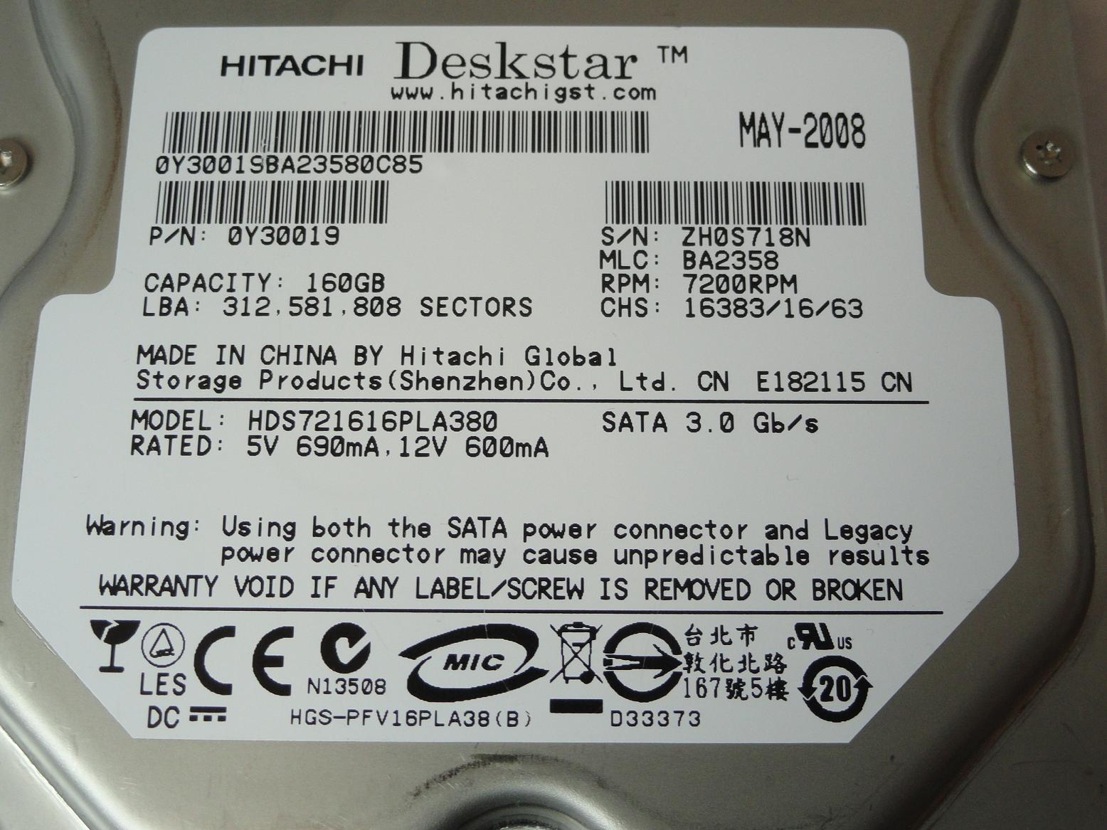 PR16298_0Y30019_Hitachi 160GB SATA 7200rpm 3.5in HDD - Image3