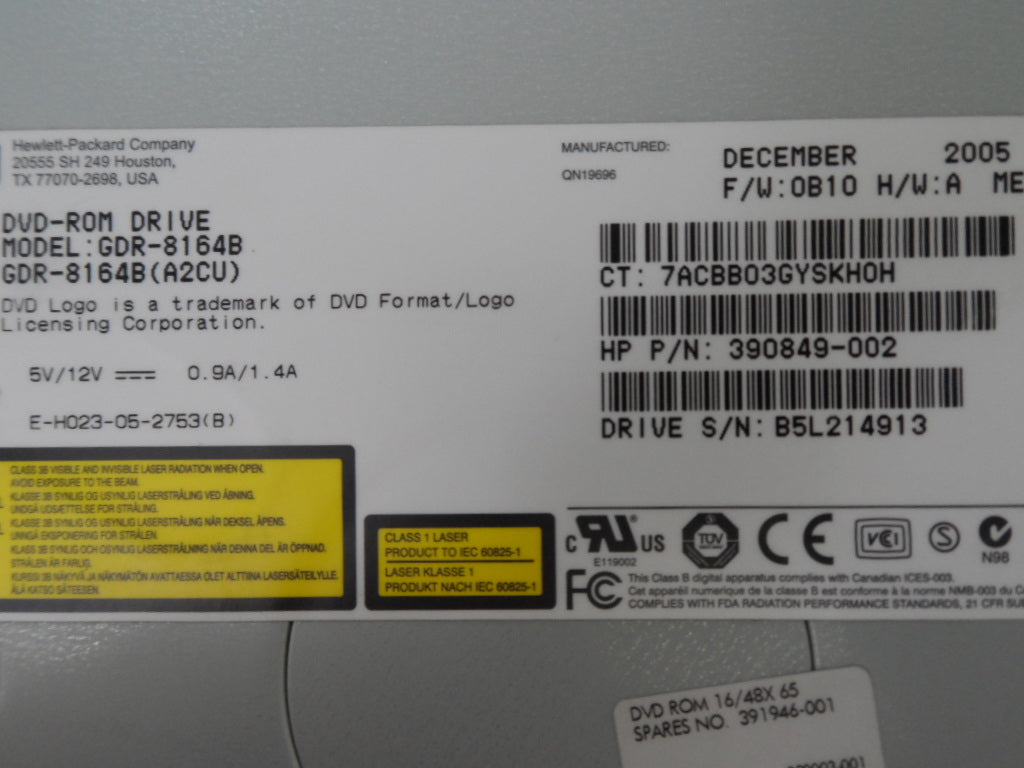 390849-002 - HP GDR-8164B 16x DVD Rom Drive - Black - USED