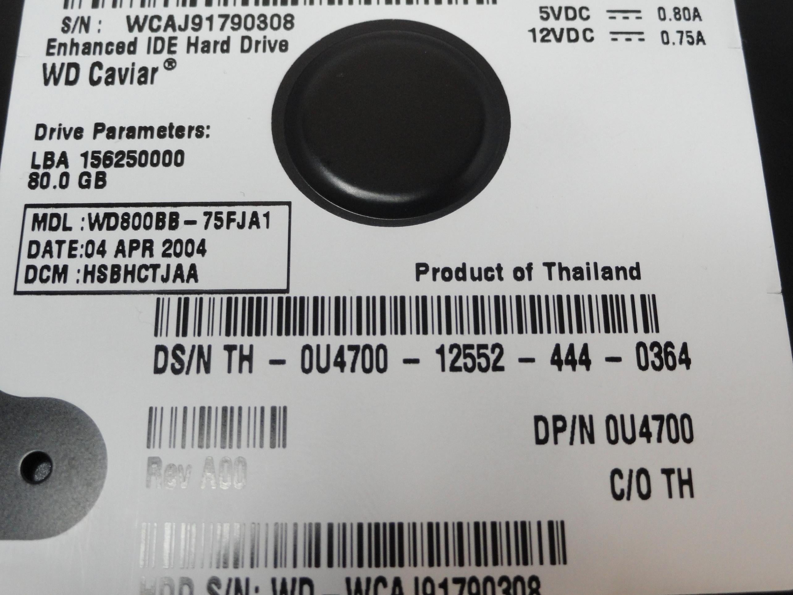 PR18737_WD800BB-75FJA1_Western Digital Dell 80Gb IDE 7200 3.5in HDD - Image2