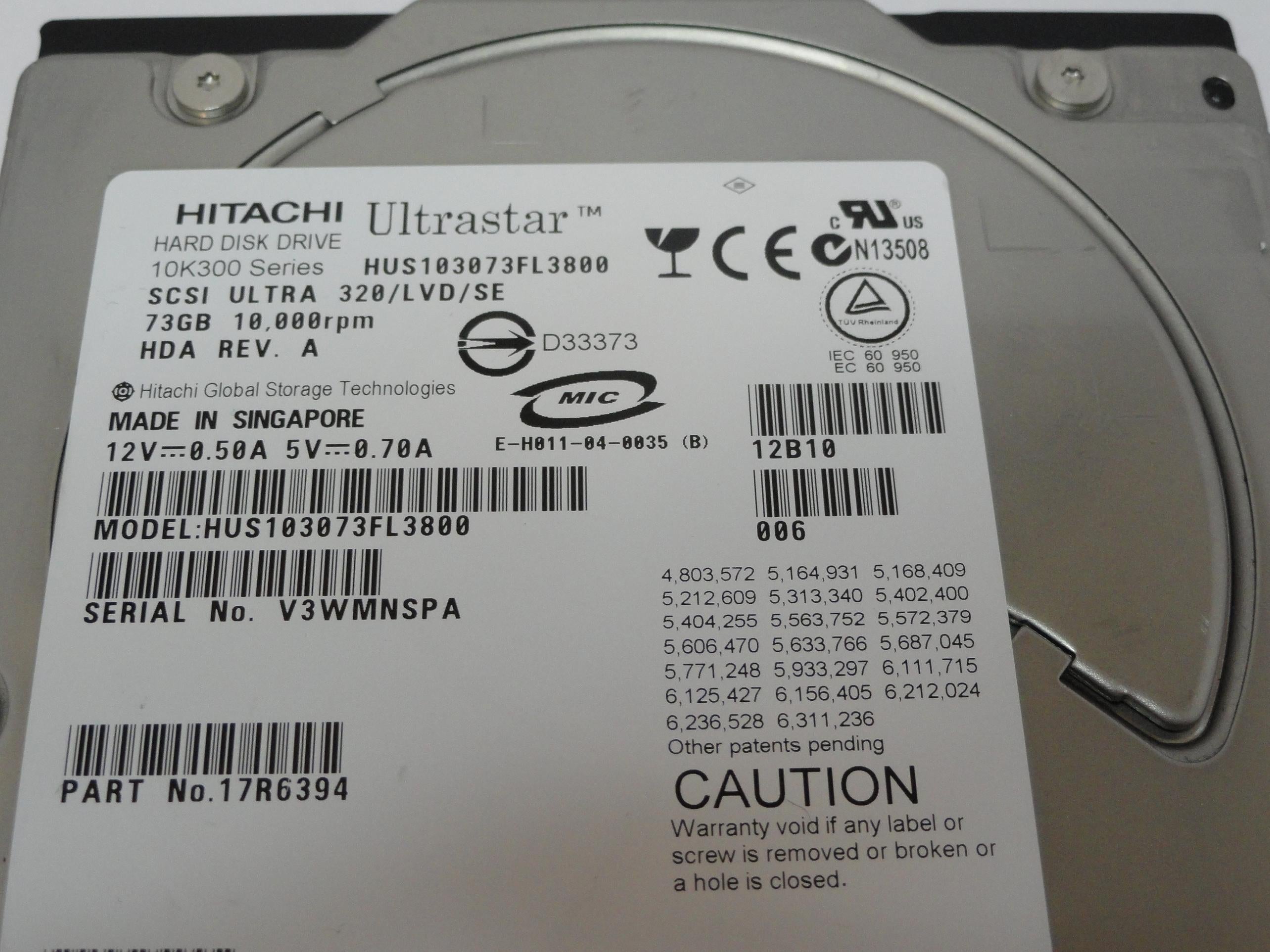 17R6394 - Hitachi 73Gb SCSI 80 Pin 10Krpm 3.5in HDD - USED