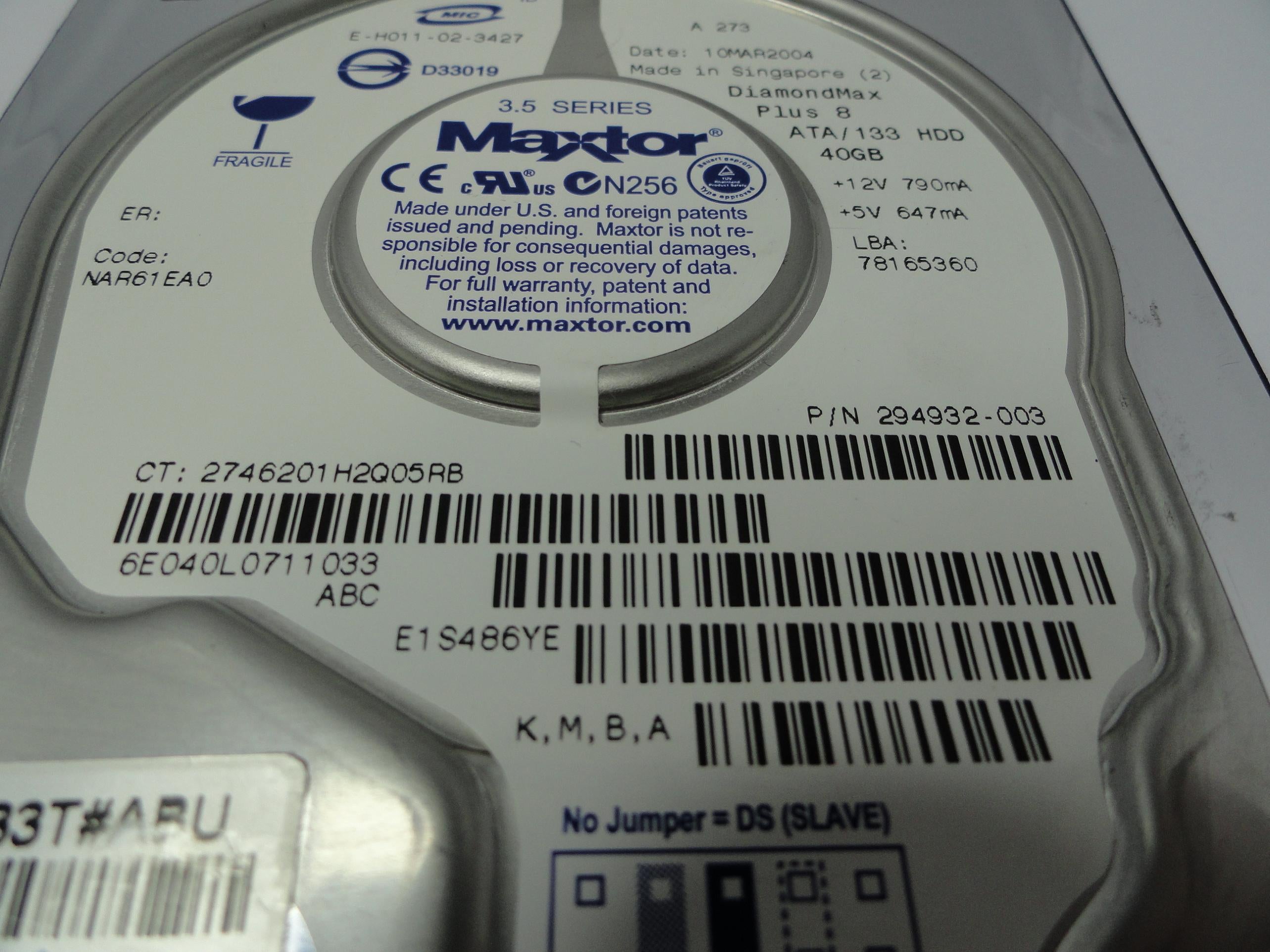 6E040L0 - Maxtor Compaq 40Gb IDE 7200rpm 3.5in HDD - USED