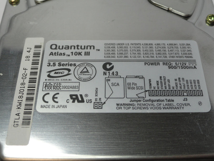 KW18J018 - Quantum Atlas 10K III 18Gb SCSI 80 Pin 10Krpm 3.5in HDD - Refurbished