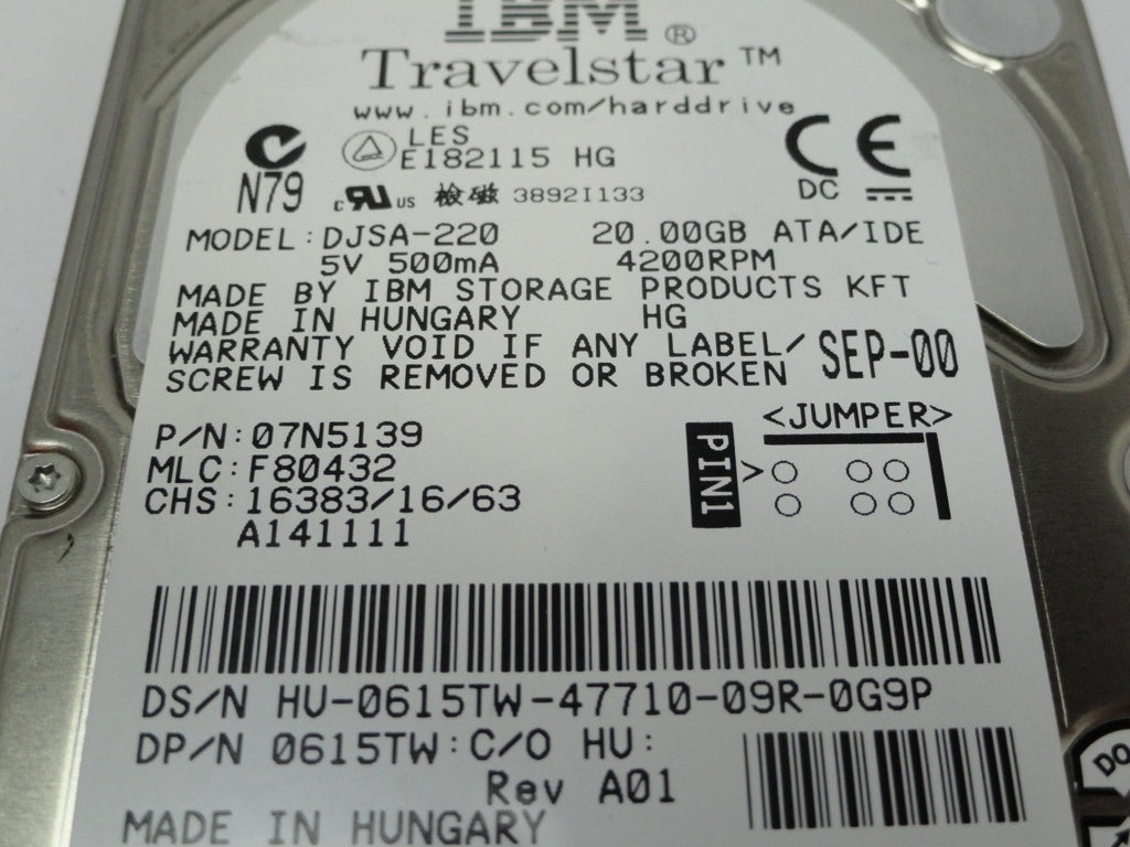 07N5139 - IBM Dell Travelstar 20Gb IDE 4200rpm 2.5in HDD - Refurbished