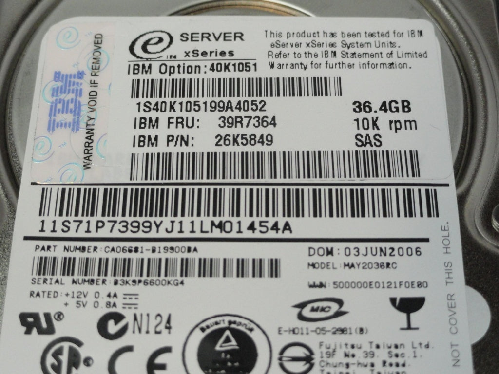 CA06681-B19900BA - Fujitsu IBM 36.4GB SAS 10Krpm 2.5in eServer xSeries HDD in Caddy - Refurbished
