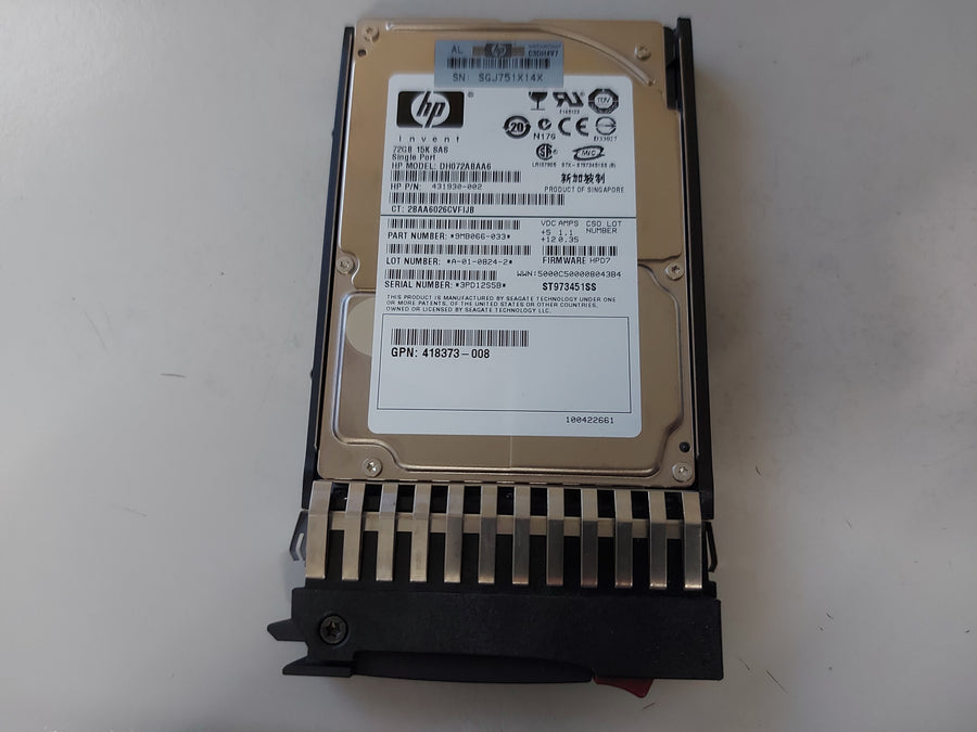 Seagate HP 72Gb SAS 15Krpm 2.5in HDD in Caddy ( 9MB066-033 ST973451SS 431930-002 DH072ABAA6 418373-008 432321-001 ) REF